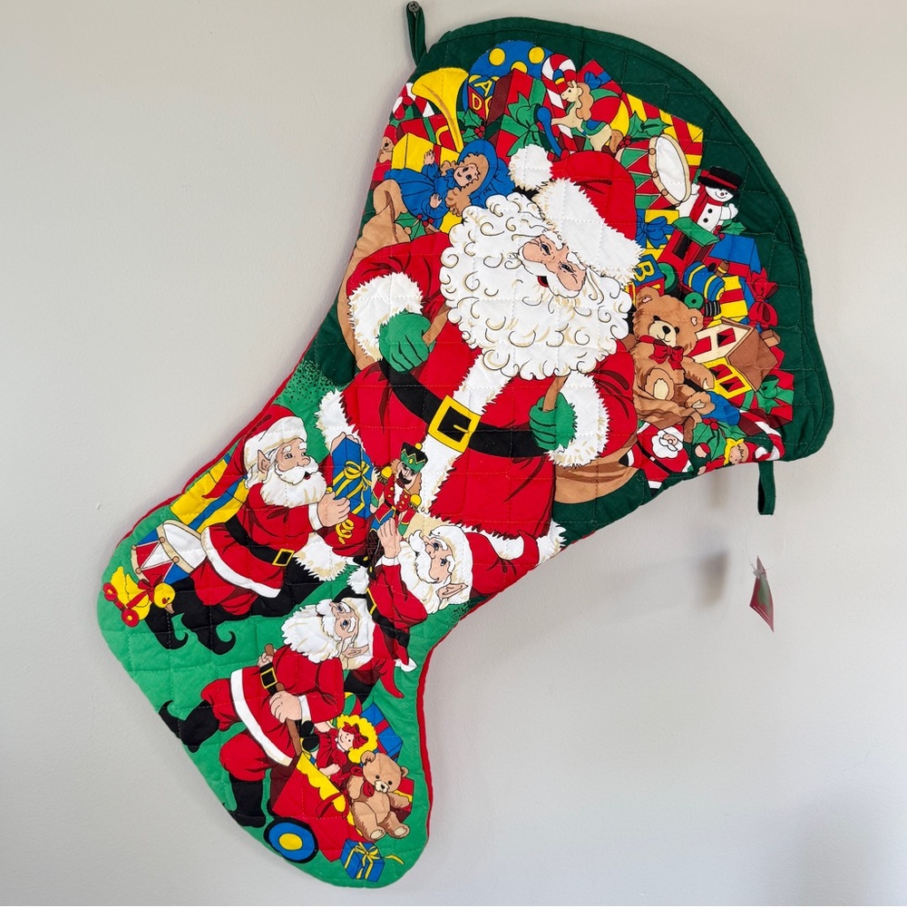 Vintage Quilted Santa & Elves Large Christmas Stocking New with Tags